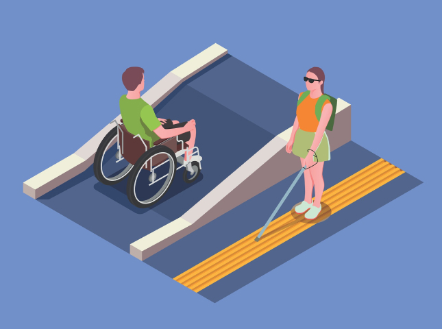 Dessin d'une personne en fauteuil roulant montant une rampe d'accès et d'une personne malvoyante se déplaçant le long d'un marquage adapté signalant le trottoir