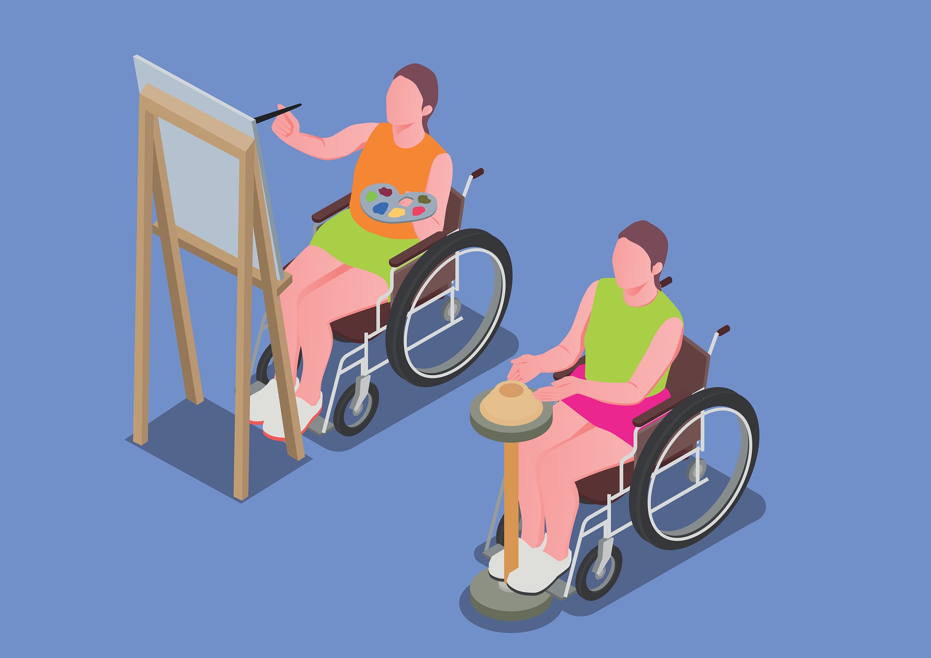 Un dessin de deux personnes handicapées qui font des activités artistiques, peinture et poterie