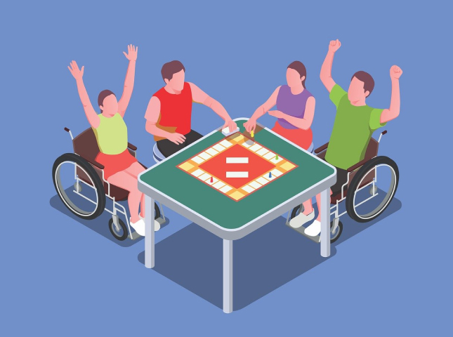 Plusieurs personnes, dont certaines handicapées, jouent ensemble à un jeux de société